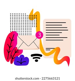 Inbox message, envelope. Abstract  geometric elements. Concept of Social media messages. New letters in the mailbox. WiFi. Vector doodle illustration