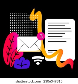 Inbox message, envelope. Abstract  geometric elements. Concept of Social media messages. New letters in the mailbox. WiFi. Vector doodle illustration on black background