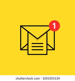 inbox notice logo with linear email. concept of marketing e-mail with attachment or overload mail box. trend modern black and red postal or mms logotype graphic outline design isolated on yellow