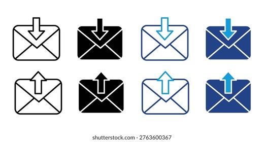 Inbox and outbox mail envelope icon vector. Email notification, message delivery, incoming and outgoing newsletter, and digital communication symbol. Vector Illustration.