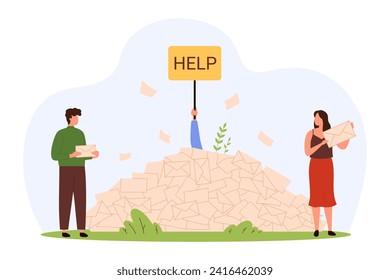 Inbox overload with spam information, newsletters and emails. Tiny people holding envelope, overwhelmed man with Help sign drowning in messy marketing letters pile cartoon vector illustration