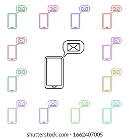 Bandeja de entrada en un icono de estilo multicolor de teléfono inteligente. Línea delgada simple, contorno vectorial de iconos de redes de medios sociales para ui y ux, sitio web o aplicación móvil
