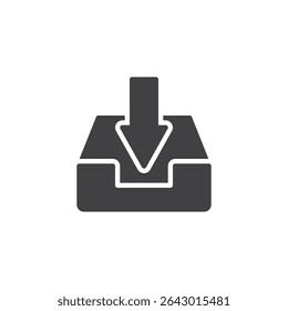 Inbox tray solid glyph icon. A tray-style vector icon with a down arrow indicating incoming messages. This glyph icon serves as a solid sign and mail symbol.