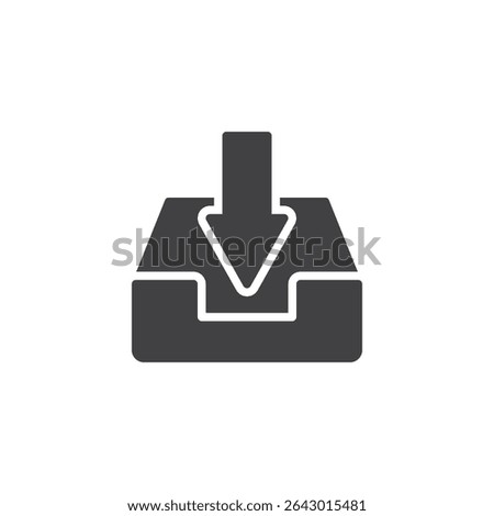 Inbox tray solid glyph icon. A tray-style vector icon with a down arrow indicating incoming messages. This glyph icon serves as a solid sign and mail symbol.