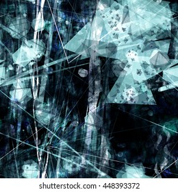 Inc color. Abstract seamless vector pattern. Spots, triangles, crystals, curved lines, stripes, sharply angular elements, scratches, streaks. Mixed random. Overlap, overlay, translucency. 