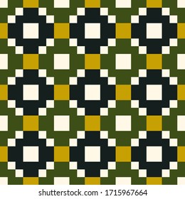 Inca crosses, squares, checks seamless pattern. Folk background. Tribal motif. Ethnic ornament. Geometric wallpaper. Ancient mosaic. Cross, square shapes. Ethnical textile print, abstract. Vector art.