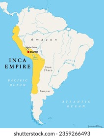 The Inca Empire at its greatest extent, about 1525, political map. Also known as Incan or Inka Empire, with capital Cusco. Called Tawantinsuyu by its subjects, Quechua for the Realm of the Four Parts.