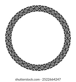 Motivo espiral escalonado inca, quadro de círculo com padrão meandro grego. Borda decorativa circular, em estilo antigo com espirais angulares. Ilustração em preto e branco, isolada sobre fundo branco.