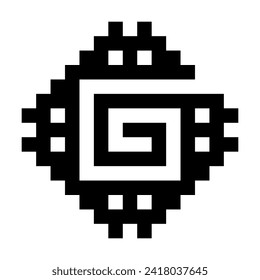 Inca stepped spiral motif. Stepped fret symbol. Squares forming a diamond shape, with an angular spiral in the center. Black and white illustration, isolated on white background. Vector.