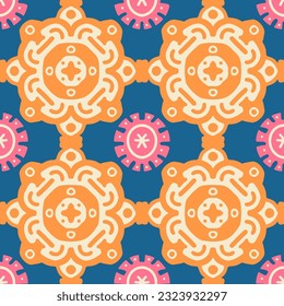 Inca style tile in beige white soft orange and pink on blue