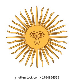 Die Inka Sonne Gott. Mai-Sonne. Inca god Inti, aus Argentinien und Uruguay nationale Flagge. Antikes Sonnensymbol mit Gesicht, altes, heraldisches Emblem.