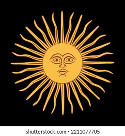 Die Inka Sonne Gott. Die Sonne von Mais einzeln auf schwarzem Hintergrund. Inca god Inti, aus Argentinien und Uruguay nationale Flagge. Antikes Sonnensymbol mit Gesicht, altes, heraldisches Emblem.