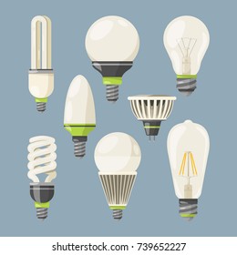 Incandescent bulbs, halogen and other different types. Vector pictures in cartoon style. Lamp bulb electric halogen, lightbulb power invention illustration