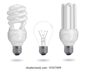 Incandescent and fluorescent energy efficiency light bulbs. Vector Illustration.