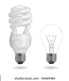 Incandescent and fluorescent energy saving light bulbs. Vector Illustration.