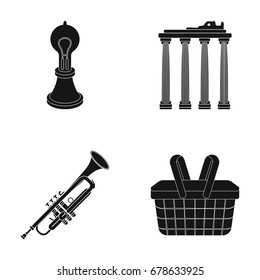Incandescent lamp, columns and other web icon in black style. pipe, basket icons in set collection.