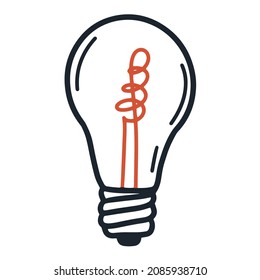 Ilustración vectorial aislada de lámpara incandescente. Bombilla de luz espiral brillante de estilo Doodle