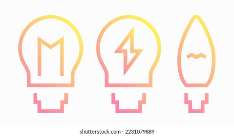 Incandescent lamp, light bulbs gradient line icons. Creative idea. Candle-shaped lamp. Flat vector illustration isolated on white background.