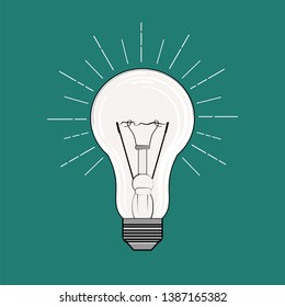Incandescent lamp with light rays. Stylized image. Vector illustration