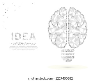 Incandescent lamp. Low poly wireframe illustration. Vector polygonal image, consisting of points, lines, triangles with destructing shapes on white background Brain silhouette lamp bulb icon