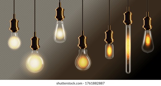 Incandescent lamp. Realistic vintage incandescent lamp on wire set. Glowing filament edison light bulb isolated on gradient transparent background vector illustration