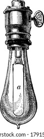 The incandescent lamp, showing carbon filament at the marking, a, in the figure, vintage line drawing or engraving illustration.