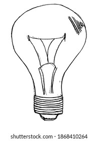 Incandescent lamp. Whole view. Vector, sketch, hand drawn illustration. Motive of electricity, domestic technics, lighting equipment and vintage objects. Can be used for printing and coloring book