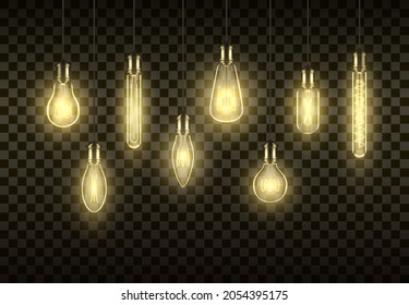 Incandescent lamps hanged on wires set realistic vector illustration. Collection antique glowing illuminated lighbulb isolated on transparent. Vintage energy light bulb interior decor template