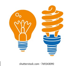Incandescent light bulb and compact fluorescent energy saving lamp flat icons isolated