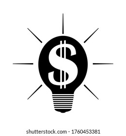 Incandescent light bulb with a dollar symbol inside and rays. The concept of business, financial profit, creative idea, energy conservation and more. Vector illustration. Isolated icon. Black silhouet