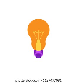 Incandescent light bulb flat icon with yellow luminous glass and violet socket isolated on white background. Lamp vector illustration - innovation and creativity concept.