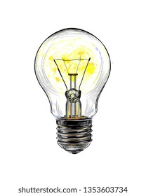 Incandescent light bulb glowing from a splash of watercolor, hand drawn sketch. Vector illustration of paints