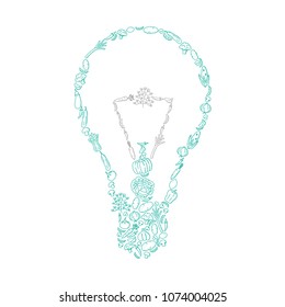 Incandescent light bulb symbol Vegetable pattern set illustration kids hand drawing concept design green color, isolated on white background, vector eps 10