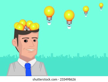 Incandescent light bulbs coming out of opened head and transform into flying hot air balloons. Conceptual Vector illustration for ideas and inspirations taking flight