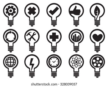 Incandescent light bulbs with conceptual symbols. Black and white vector icon set isolated on white background.