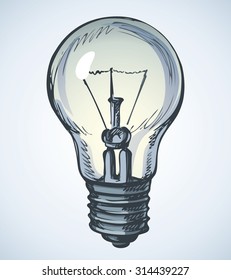 Incandescent light globe icon, old idea symbol isolated on white background. Vector linear freehand ink drawn backdrop sketch in art antique scrawl style pen on paper. View closeup with space for text