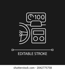 In-car head up display white linear icon for dark theme. Operate vehicle without distraction. Thin line customizable illustration. Isolated vector contour symbol for night mode. Editable stroke