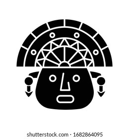 The Incas black glyph icon. Man face in traditional inca headdress. Aztec ceremonial mask. Hispanic god. Peruvian culture. Silhouette symbol on white space. Vector isolated illustration