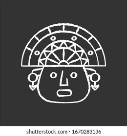 The Incas chalk white icon on black background. Man face in traditional inca headdress. Aztec ceremonial mask. Ancient south american idol head. Peruvian culture. Isolated vector illustration