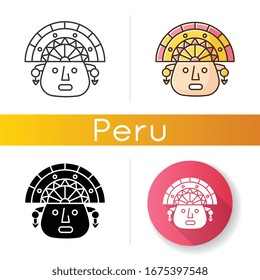 The Incas icons set. Man face in traditional inca headdress. Ancient south american ceremonial mask. Hispanic god. Peruvian culture. Linear, black and RGB color styles. Isolated vector illustrations