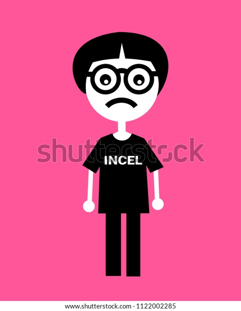 Incel - ugly guy with weird haircut and\
dioptric glasses is sexually deprivated and frustrated because of\
involuntary celibacy. Unsuccessful loser, weirdo and geek. Vector\
illustration