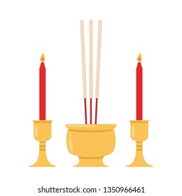 Incense and candle vector on white background.