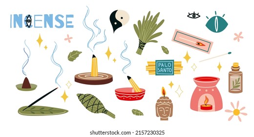 Incense collection. Aromatherapy set, cartoon style. Essential oil, candles, burning incense sticks, palo santo, sage. Rest relaxation, home comfort, concept of zen and harmony. Trendy vector