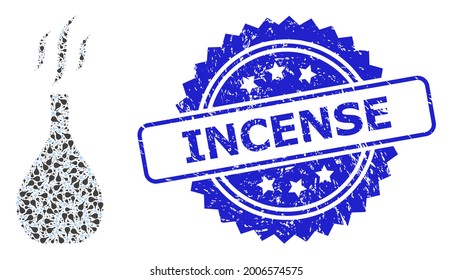 Incense dirty seal imitation and vector recursion mosaic incense vial. Blue stamp seal has Incense caption inside rosette. Vector mosaic is constructed with random rotated incense vial items.