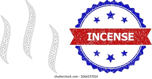 Incense grunge seal, and vapour icon mesh structure. Red and blue bicolor seal includes Incense text inside ribbon and rosette. Abstract flat mesh vapour, designed with flat mesh.