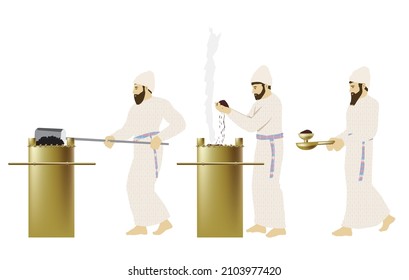 The incense offering. Three characters of priests in the Jewish Temple of King Solomon in Jerusalem. Disinfecting coals, incense, and holding a cup. On the golden altar. Traditional priestly garments