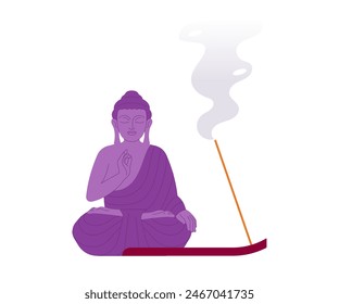 Incense reed sticks and buddha figure. Aromatherapy, meditation, scents, wellness, mindfullnes. Stylised minimalist illustration. Clean simple style. Isolated on white