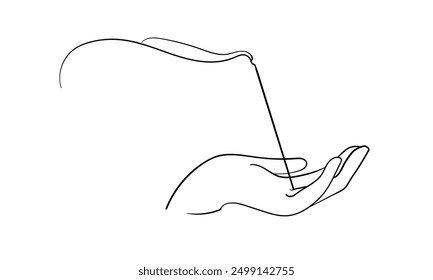 Incense stick on hand stand continuous line art drawing isolated on white background. Magic, astrology, spirituality, religion. Vector illustration