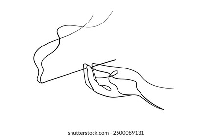 Incense stick on hand stand continuous line art drawing isolated on white background. Magic, astrology, spirituality, religion. Vector illustration