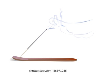 Incense stick on a wooden support, with a smoke, on a white background